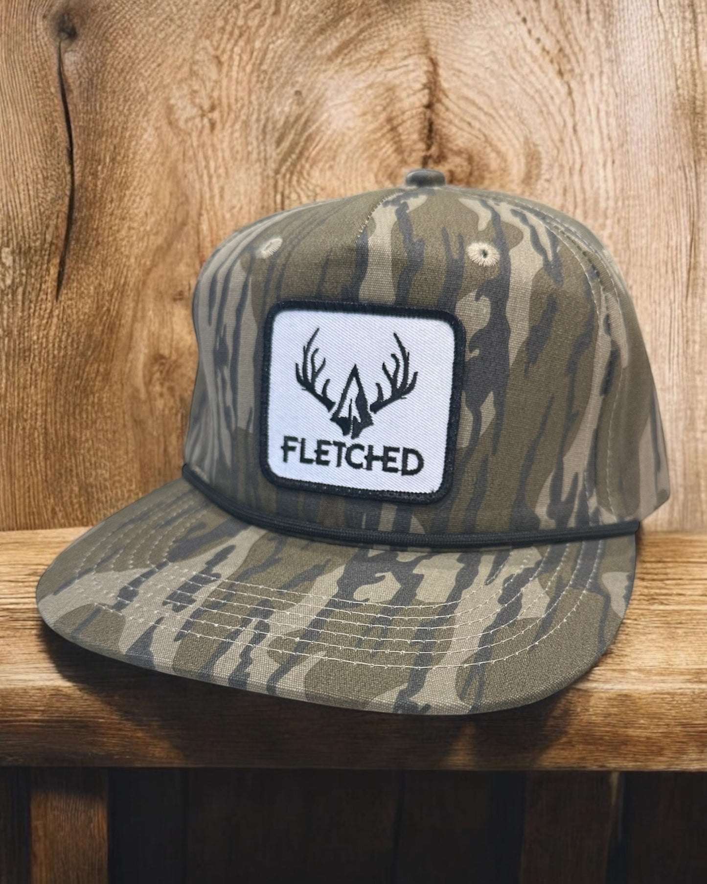 Old School Bottomland Camo Rope Hat- Arrowhead Antlers Embroidered Patch