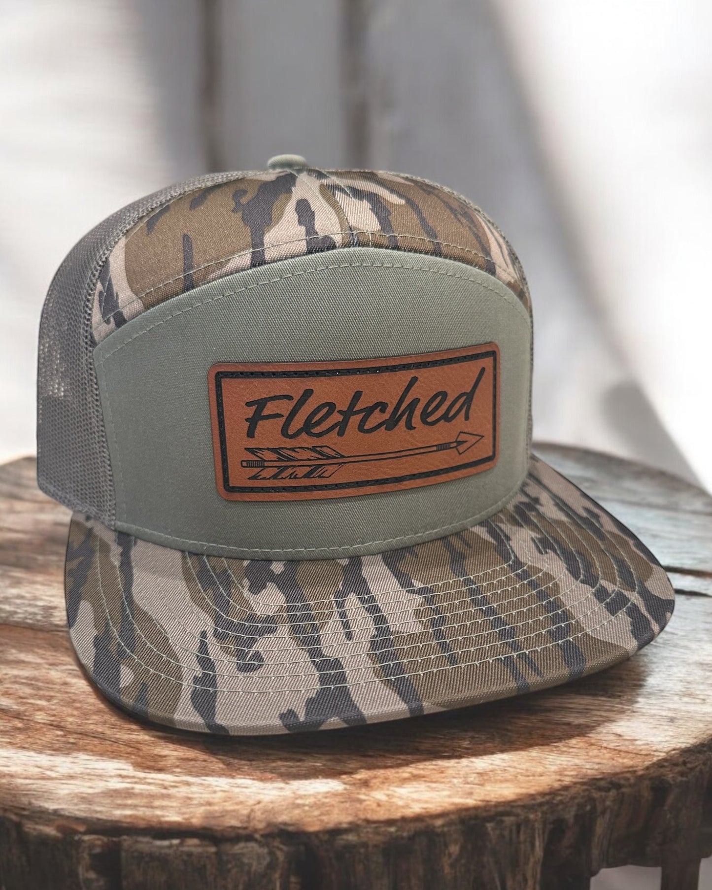 Bottomland Camo 7 Panel Hat- Leather Patch