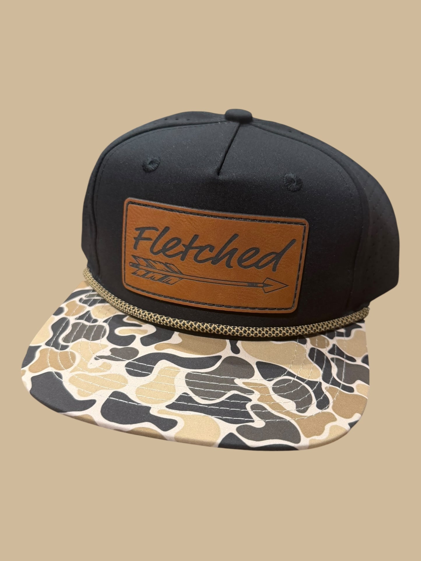 Black Rope Hat Camo Bill- Leather Patch