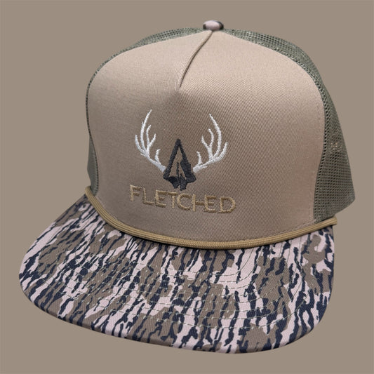 Bottomland Camo Bill Hat- Embroidered Arrowhead Antler